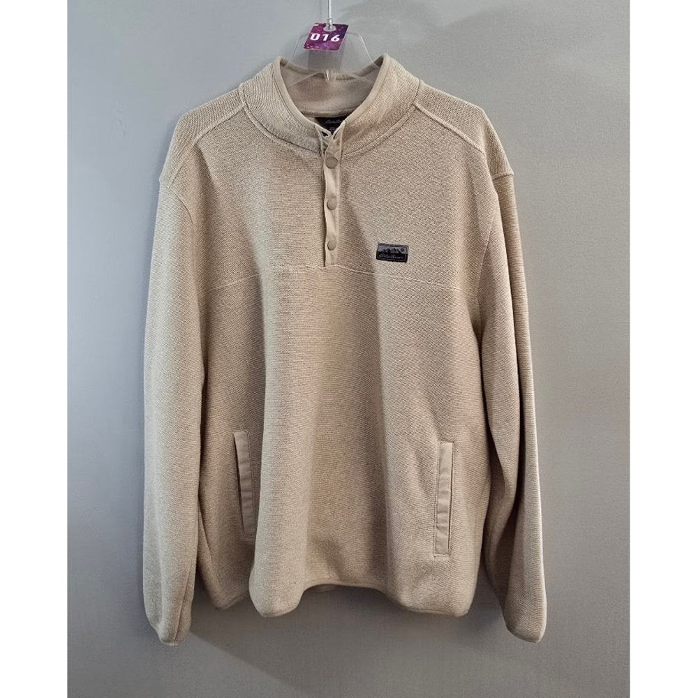 Eddie Bauer Mens Pullover Beige Tan Sweater Fleece Quarter Snap Neck Size XL